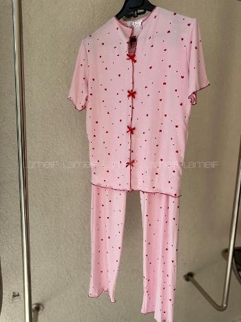 Lamelif Kadın Küçük Kalp  Minimal Desenli Fiyonk Özel Dikiş Pijama Takımı