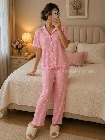 Lamelif Kadın Küçük Kalp  Minimal Desenli Fiyonk Özel Dikiş Pijama Takımı