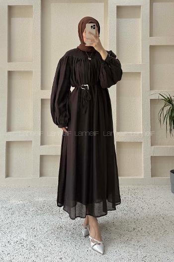 Lamelif Kemer Detaylı Tesettür Elbise Acı Kahve