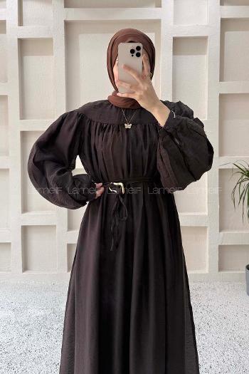 Lamelif Kemer Detaylı Tesettür Elbise Acı Kahve