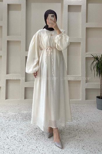 Lamelif Kemer Detaylı Tesettür Elbise Krem