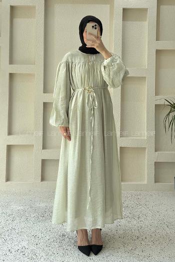 Lamelif Kemer Detaylı Tesettür Elbise Küf Yeşili