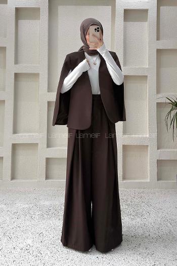 Lamelif Panço Ceketli Etek Pantolon Takım Acı Kahve