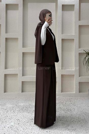 Lamelif Panço Ceketli Etek Pantolon Takım Acı Kahve