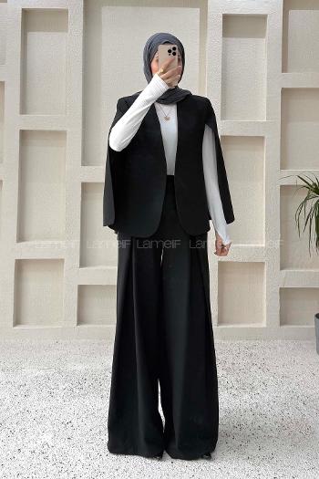 Lamelif Panço Ceketli Etek Pantolon Takım Siyah