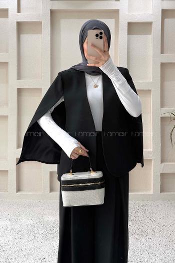 Lamelif Panço Ceketli Etek Pantolon Takım Siyah