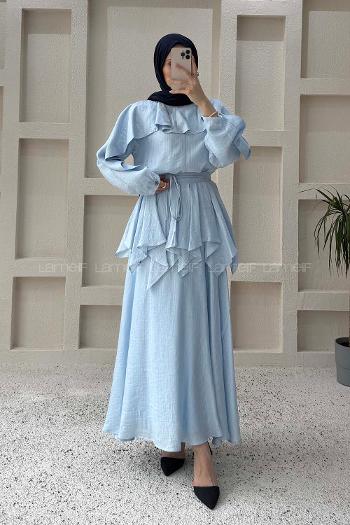 Lamelif Pelerin Detaylı Müslin Tensel Etekli Takım Bebe Mavisi