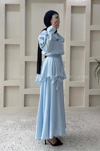 Lamelif Pelerin Detaylı Müslin Tensel Etekli Takım Bebe Mavisi