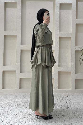 Lamelif Pelerin Detaylı Müslin Tensel Etekli Takım Haki