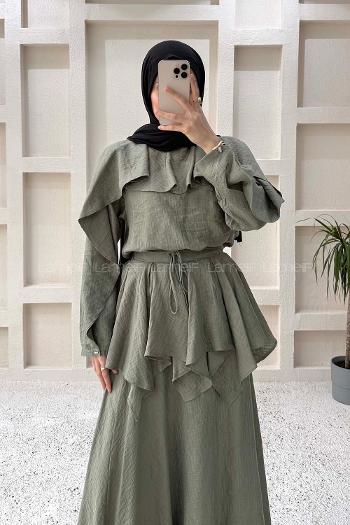 Lamelif Pelerin Detaylı Müslin Tensel Etekli Takım Haki