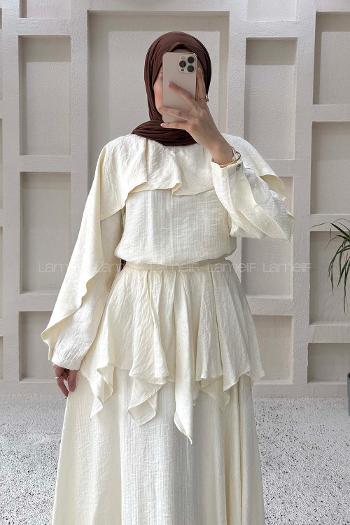 Lamelif Pelerin Detaylı Müslin Tensel Etekli Takım Krem