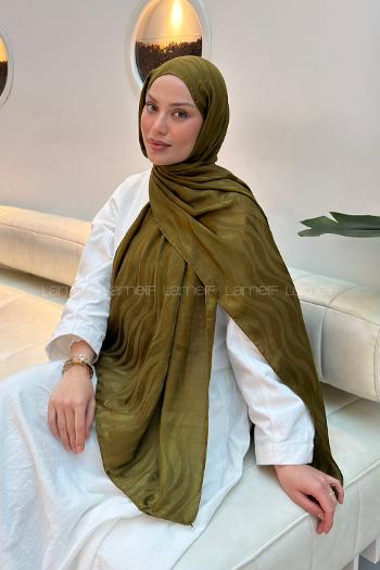 Lamelif  Shine Desen Ayrobin Floş Jakar  Şal Asker Yeşili