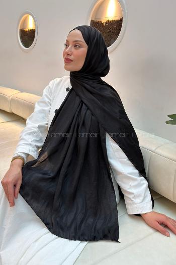 Lamelif  Shine Desen Ayrobin Floş Jakar  Şal Siyah