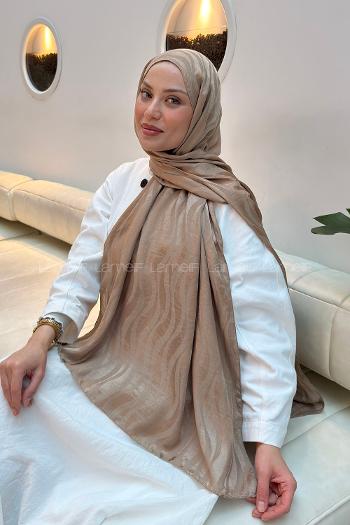 Lamelif  Shine Desen Ayrobin Floş Jakar  Şal Vizon