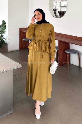 Oil Green Shirt Collar Long Arm Viscose Fabric Flared Skirt Suit