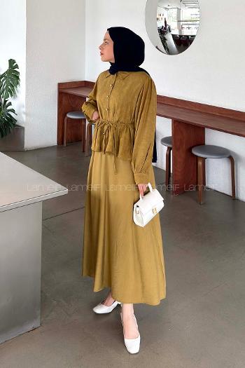 Oil Green Shirt Collar Long Arm Viscose Fabric Flared Skirt Suit