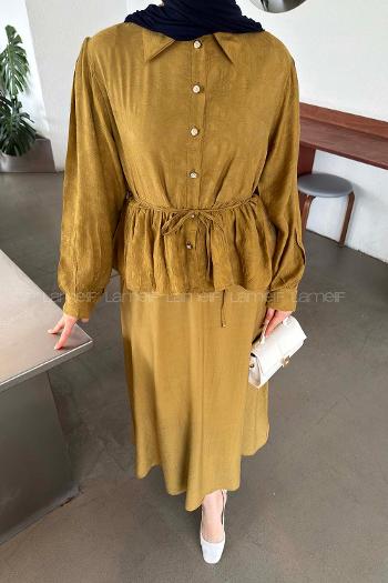 Oil Green Shirt Collar Long Arm Viscose Fabric Flared Skirt Suit