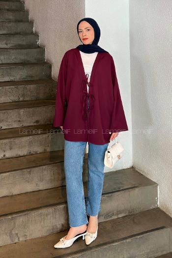 Lamelif Bağlama Detaylı Kimono Tunik Mürdüm