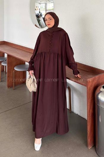 Lamelif Brit Düğmeli Tesettür Elbise Koyu Kahverengi