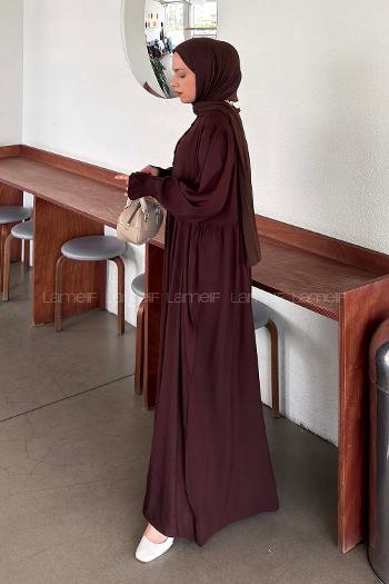 Lamelif Brit Düğmeli Tesettür Elbise Koyu Kahverengi