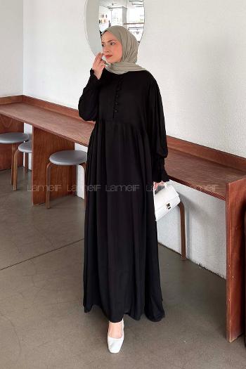 Lamelif Brit Düğmeli Tesettür Elbise Siyah