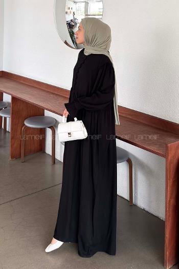 Lamelif Brit Düğmeli Tesettür Elbise Siyah