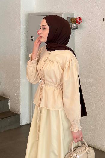 Lamelif Büzgü Detaylı Bağlamalı Gömlek Bej