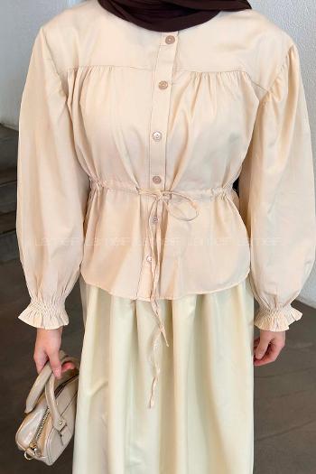 Lamelif Büzgü Detaylı Bağlamalı Gömlek Bej