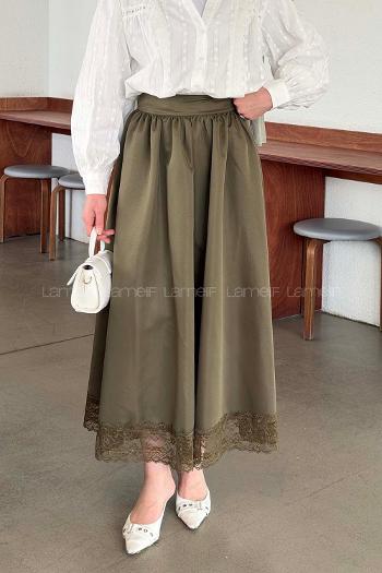 Lamelif Dantel Detaylı Saten Etek Haki