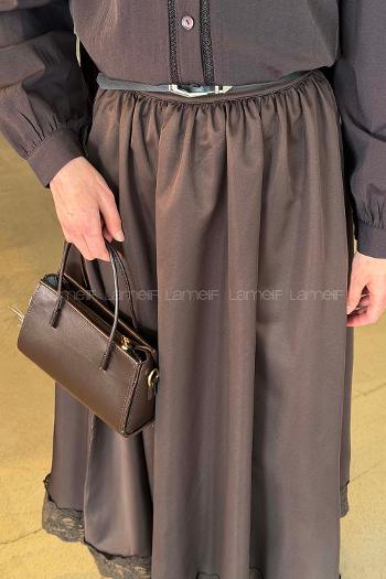 Lamelif Dantel Detaylı Saten Etek Kahverengi