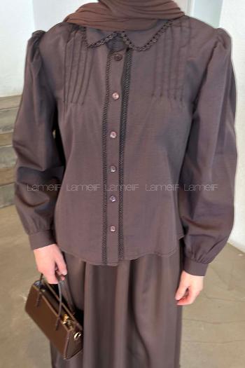 Lamelif Dantel Dikişli Gömlek Acı Kahve