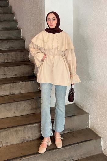 Lamelif Dantel Yaka Gömlek Bej