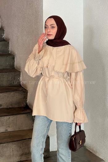 Lamelif Dantel Yaka Gömlek Bej