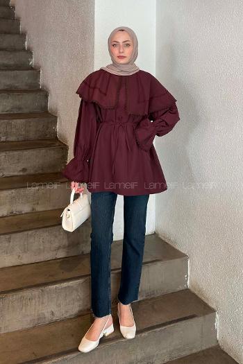 Plum Scarf Neck Long Arm Cotton Polyester Shirt