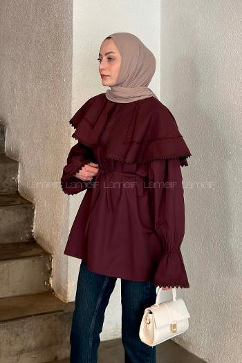Plum Scarf Neck Long Arm Cotton Polyester Shirt