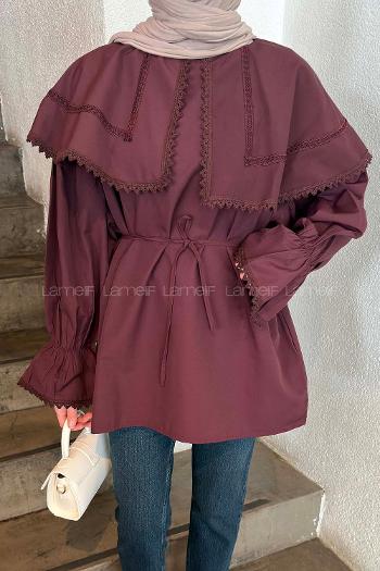 Plum Scarf Neck Long Arm Cotton Polyester Shirt