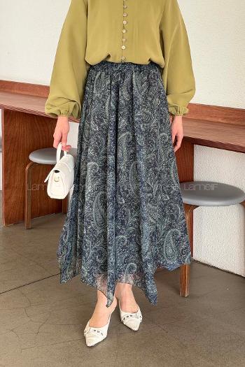 Lamelif Desenli Şifon Etek Haki