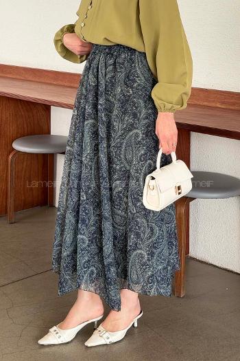 Lamelif Desenli Şifon Etek Haki