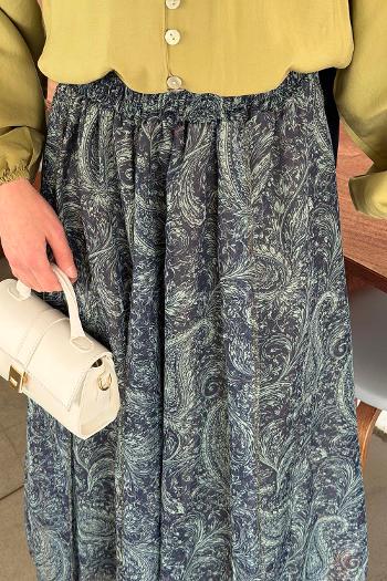 Lamelif Desenli Şifon Etek Haki