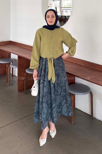 Lamelif Etek Ucu Bağlama Detaylı Balon Kol Gömlek Çağla Yeşili