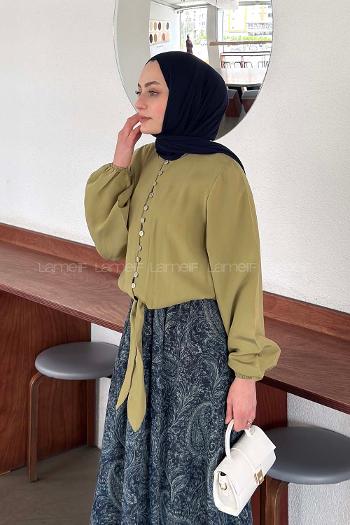 Lamelif Etek Ucu Bağlama Detaylı Balon Kol Gömlek Çağla Yeşili