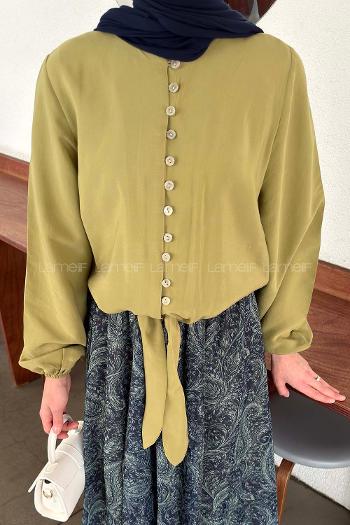 Lamelif Etek Ucu Bağlama Detaylı Balon Kol Gömlek Çağla Yeşili