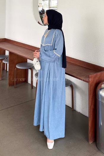 Baby Blue V Neck Cotton Fabric Unprinted Dresess