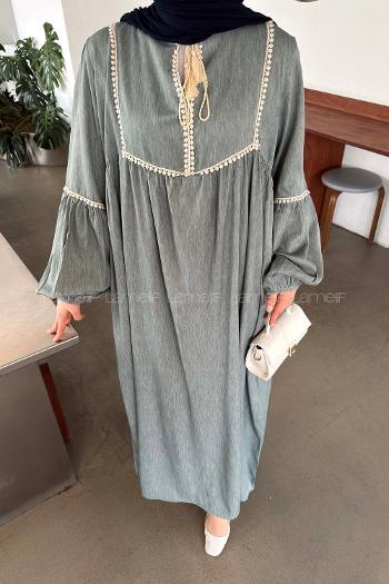 Lamelif Güpür Dantelli Püskül Detaylı Elbise Çağla Yeşili