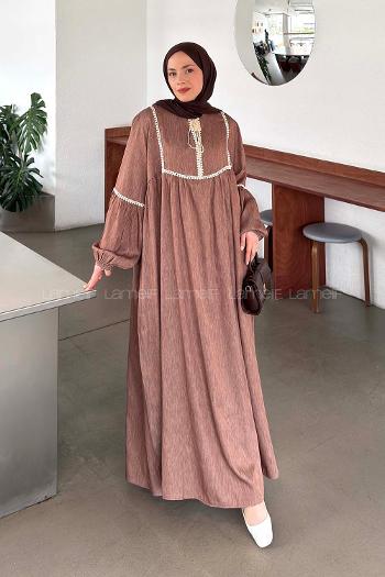 Lamelif Güpür Dantelli Püskül Detaylı Elbise Kiremit