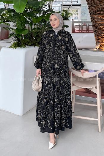 Lamelif Katleya Model İşlemeli Elbise Siyah