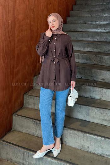 Lamelif Lamelif Vatkalı Yarım Pelerinli Gömlek Acı Kahve
