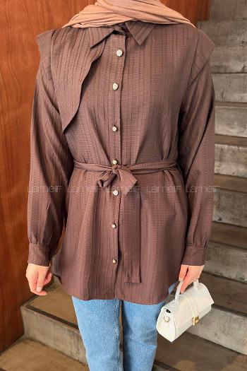 Lamelif Lamelif Vatkalı Yarım Pelerinli Gömlek Acı Kahve