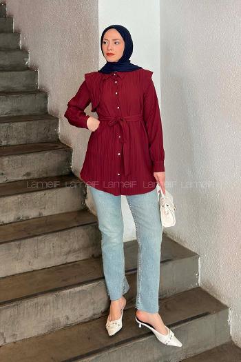 Claret Red Shirt Collar Long Arm Cotton Shirt