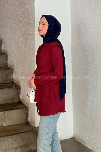 Claret Red Shirt Collar Long Arm Cotton Shirt